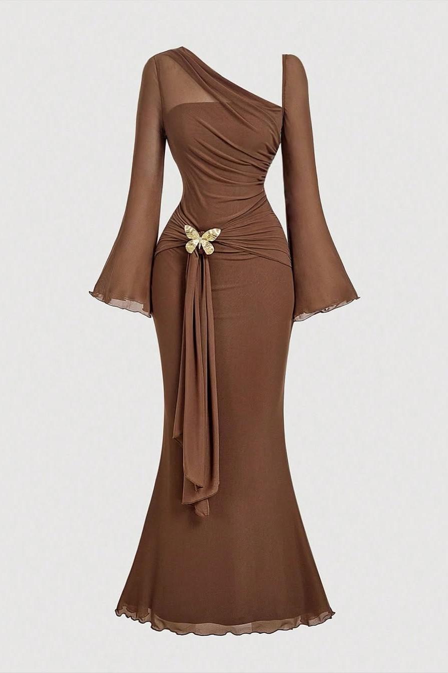 One Shoulder Long Sleeves Long Mermaid Formal Dress With Pleated