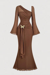 One Shoulder Long Sleeves Long Mermaid Formal Dress With Pleated