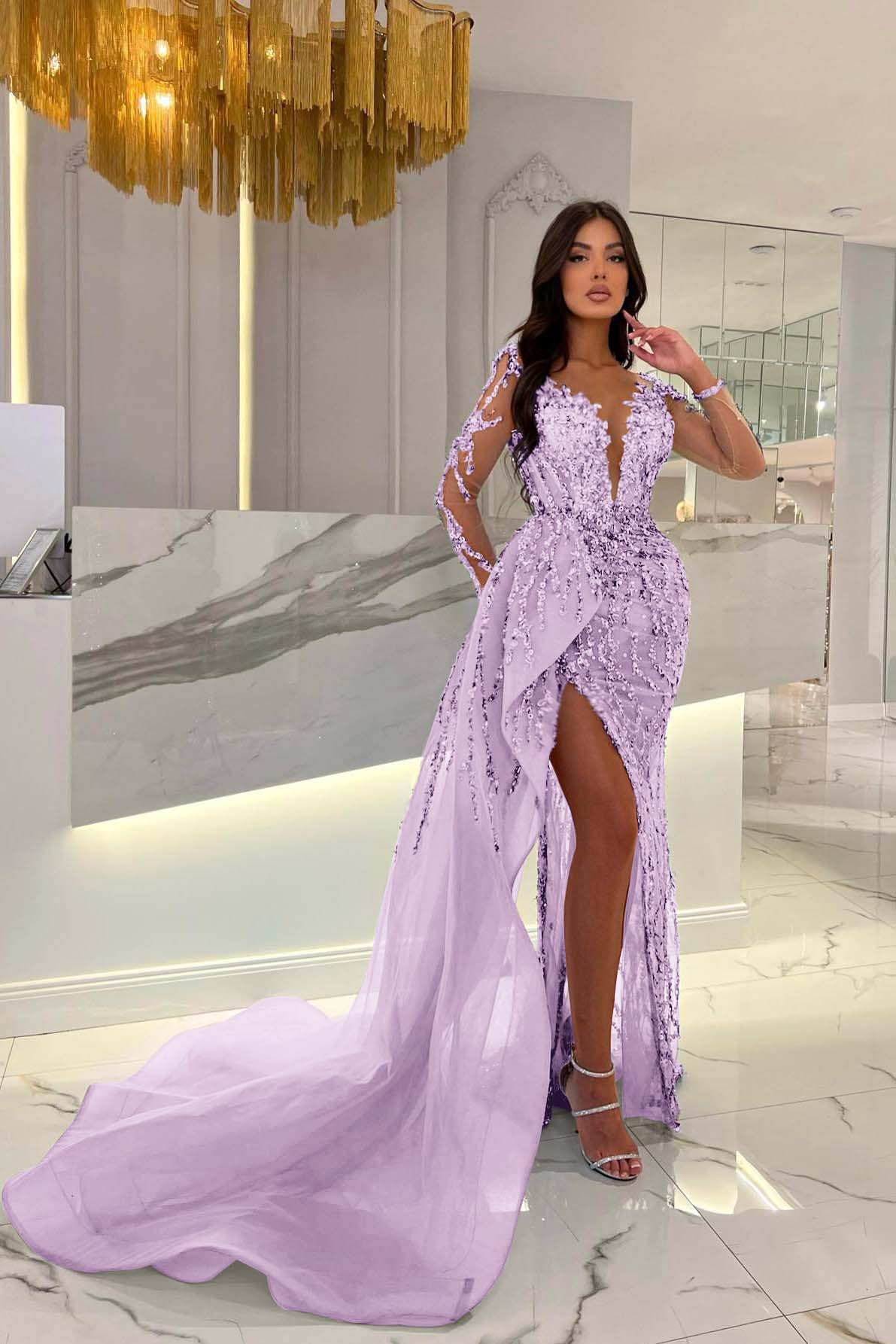 Shiny Blue Split Long Sleeves Mermaid Beaded Formal Dress Appliques Tulle