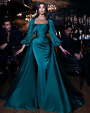 Dignified Green Square Neckline Long Sleeve Column Floor-length Wedding Dresses with Train-misshow.com