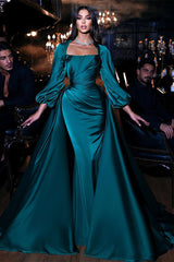 Dignified Green Square Neckline Long Sleeve Column Floor-length Wedding Dresses with Train-misshow.com
