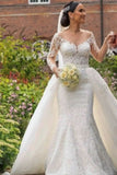 Dignified Sweetheart Appliques Lace Long Sleeve Mermaid Wedding Dresses with Train-misshow.com