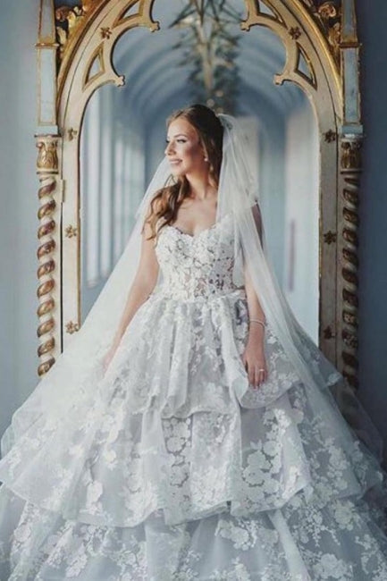 Dignified Sweetheart Sleeveless Ball Gown Tulle Wedding Dresses with Lace-misshow.com