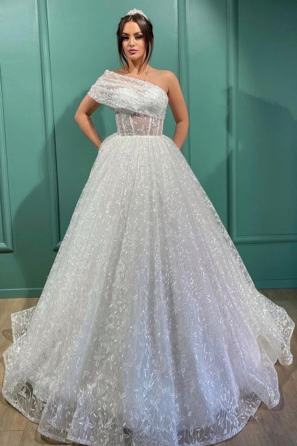 Dignified Transparent Lace One Shoulder Long Ball Gown Wedding Dresses-misshow.com