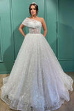 Dignified Transparent Lace One Shoulder Long Ball Gown Wedding Dresses