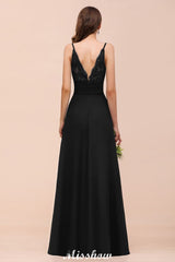Double V-Neck Front Split Bridesmaid Dress Formal Party Dress for Wedding Black-misshow.com