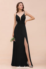 Double V-Neck Front Split Bridesmaid Dress Formal Party Dress for Wedding Black-misshow.com