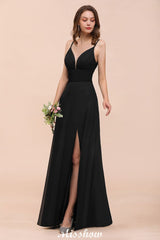 Double V-Neck Front Split Bridesmaid Dress Formal Party Dress for Wedding Black-misshow.com