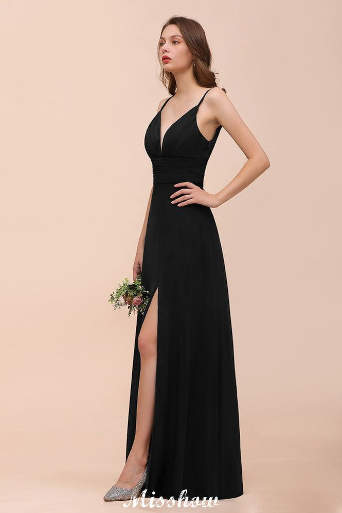 Double V-Neck Front Split Bridesmaid Dress Formal Party Dress for Wedding Black-misshow.com