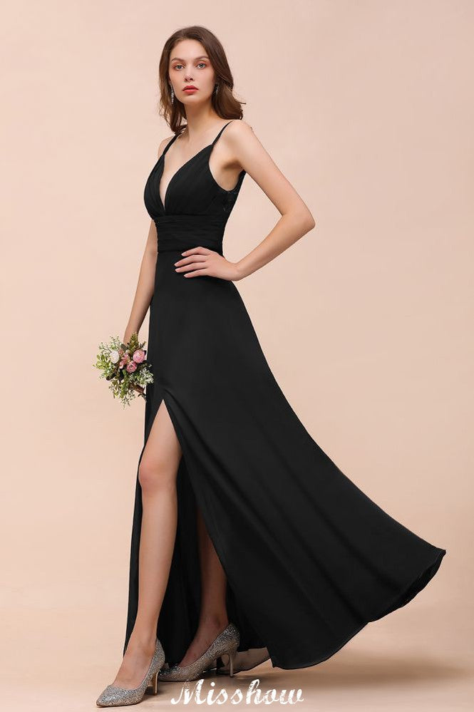 Double V-Neck Front Split Bridesmaid Dress Formal Party Dress for Wedding Black-misshow.com