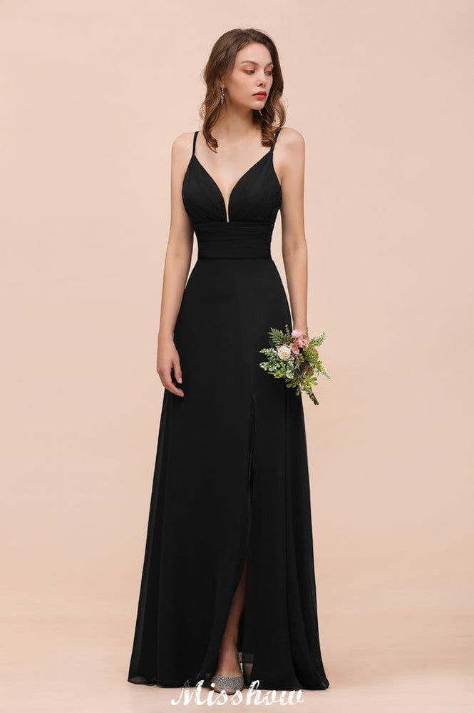 Double V-Neck Front Split Bridesmaid Dress Formal Party Dress for Wedding Black-misshow.com