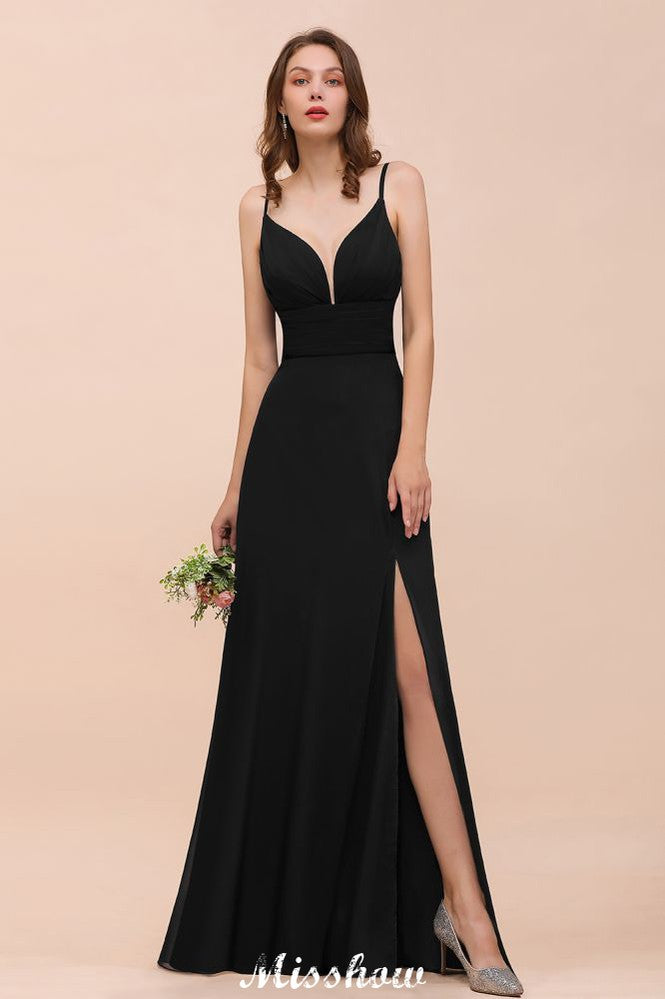 Double V-Neck Front Split Bridesmaid Dress Formal Party Dress for Wedding Black-misshow.com
