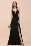 Double V-Neck Front Split Bridesmaid Dress Formal Party Dress for Wedding Black-misshow.com