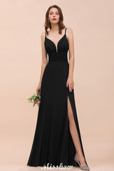 Double V-Neck Front Split Bridesmaid Dress Formal Party Dress for Wedding Black-misshow.com