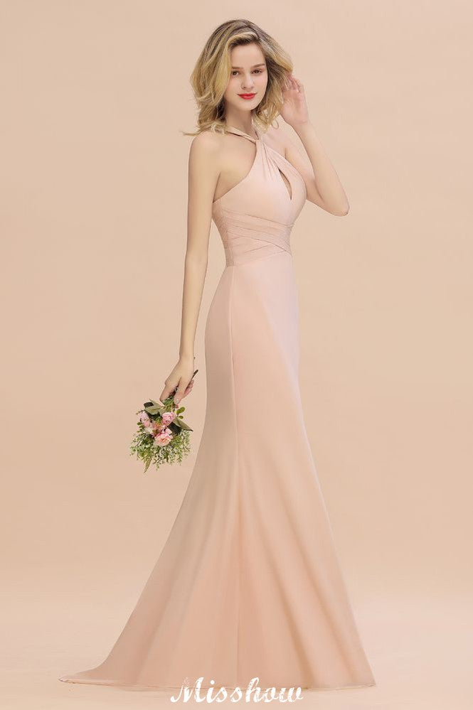 Dreamful Halter Slim Mermaid Bridesmaid Dress Floor Length Party Dress-misshow.com