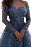 Dusty Blue Sequined A-Line Long Sleeves Sweetheart Prom Dress-misshow.com