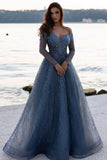 Dusty Blue Sequined A-Line Long Sleeves Sweetheart Prom Dress-misshow.com
