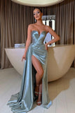 Dusty Blue Strapless Sweetheart Front Slit Satin Prom Dress with Ruffles-misshow.com