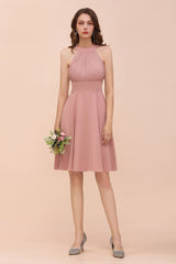 Dusty Pink Knee Length Bridesmaid Dress Halter Chiffon Maid of Honor Dress-misshow.com
