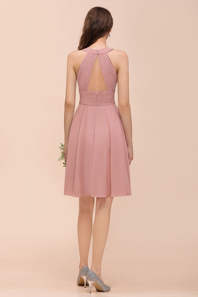 Dusty Pink Knee Length Bridesmaid Dress Halter Chiffon Maid of Honor Dress-misshow.com
