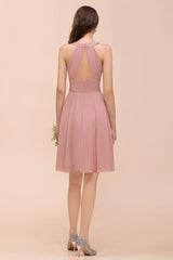 Dusty Pink Knee Length Bridesmaid Dress Halter Chiffon Maid of Honor Dress-misshow.com