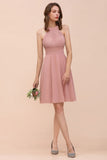 Dusty Pink Knee Length Bridesmaid Dress Halter Chiffon Maid of Honor Dress-misshow.com