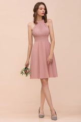 Dusty Pink Knee Length Bridesmaid Dress Halter Chiffon Maid of Honor Dress-misshow.com