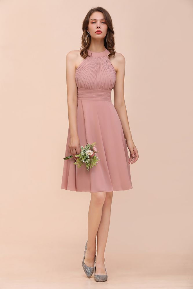 Dusty Pink Knee Length Bridesmaid Dress Halter Chiffon Maid of Honor Dress-misshow.com