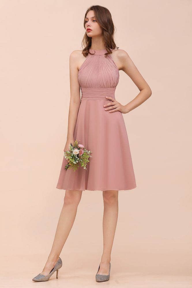 Dusty Pink Knee Length Bridesmaid Dress Halter Chiffon Maid of Honor Dress-misshow.com