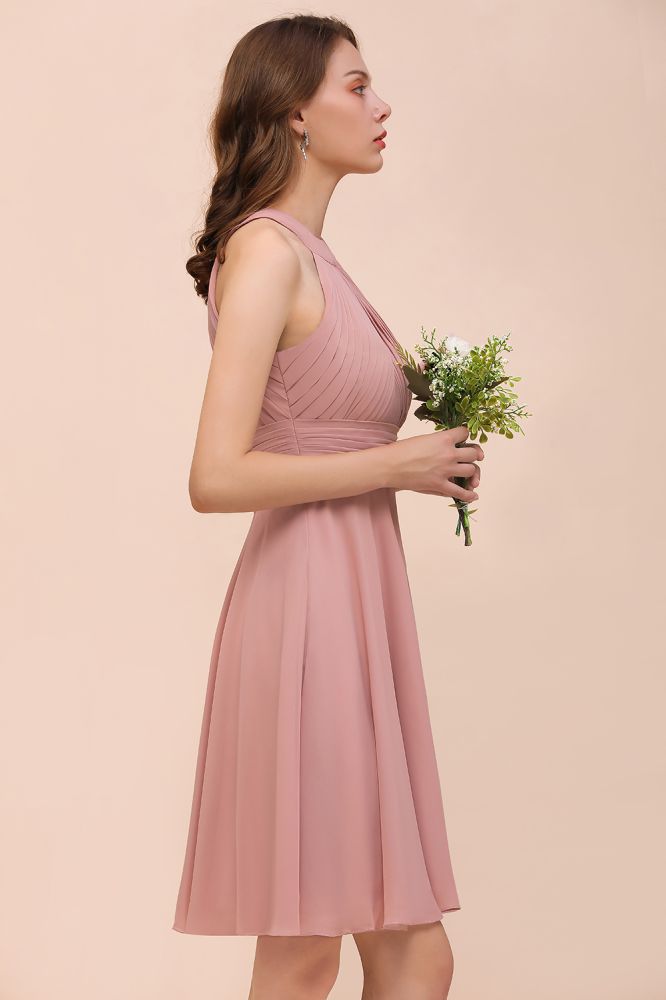 Dusty Pink Knee Length Bridesmaid Dress Halter Chiffon Maid of Honor Dress-misshow.com