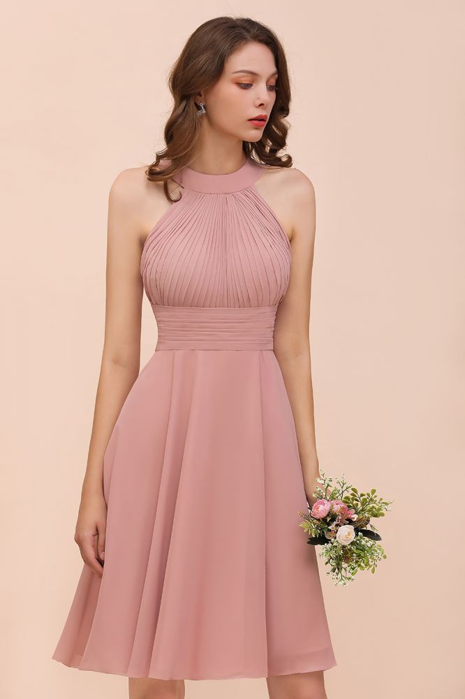 Dusty Pink Knee Length Bridesmaid Dress Halter Chiffon Maid of Honor Dress-misshow.com