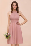 Dusty Pink knielangen Brautjungfernkleid Halfter Chiffon Trauzeugin Kleid