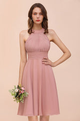 Dusty Pink Knee Length Bridesmaid Dress Halter Chiffon Maid of Honor Dress-misshow.com