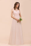 Dusty Pink Sleeveless A-line Wedding Guest Dress Beach Bridesmaid Dress-misshow.com
