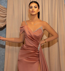 Dusty Rose One Shoulder Long Glitter Slit Mermaid Prom Evening Dresses-misshow.com