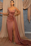 Dusty Rose One Shoulder Long Glitter Slit Mermaid Prom Dresses-misshow.com