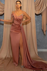 Dusty Rose One Shoulder Long Glitter Slit Mermaid Prom Evening Dresses-misshow.com