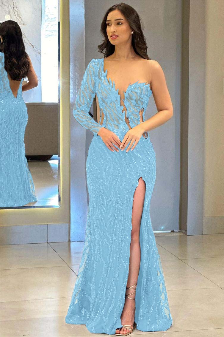 One Shoulder One Long Sleeve Backless Mermaid Split Formal Dress With Appliques