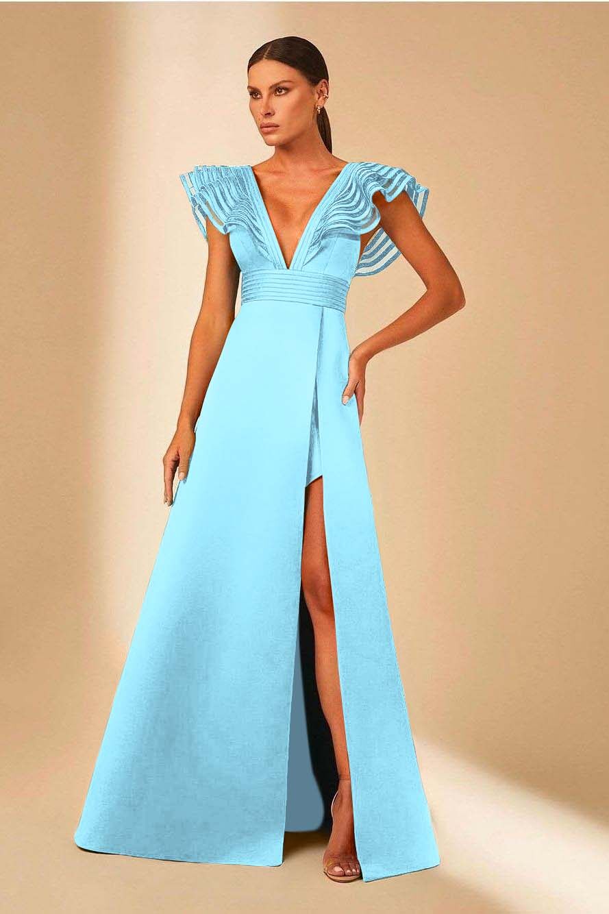 Deep V Neck Sleeveless A Line Long Formal Dress With Front Split