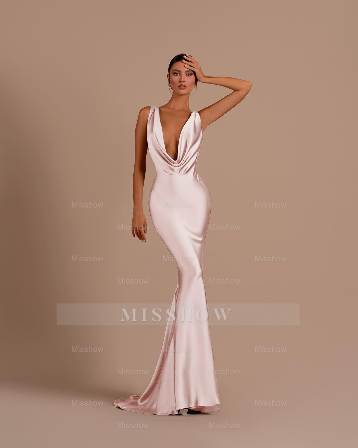 Black Deep V Neck Sleeveless Mermaid Long Formal Dress With Pleated