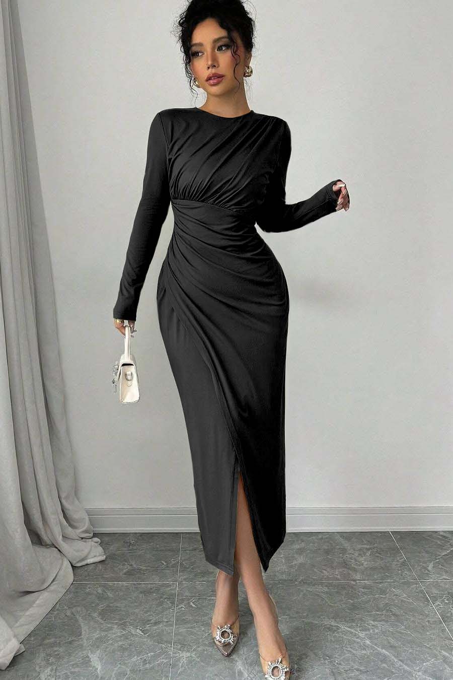Long Sleeves Jewel Neck Tea Length Formal Dress With Split Pleated