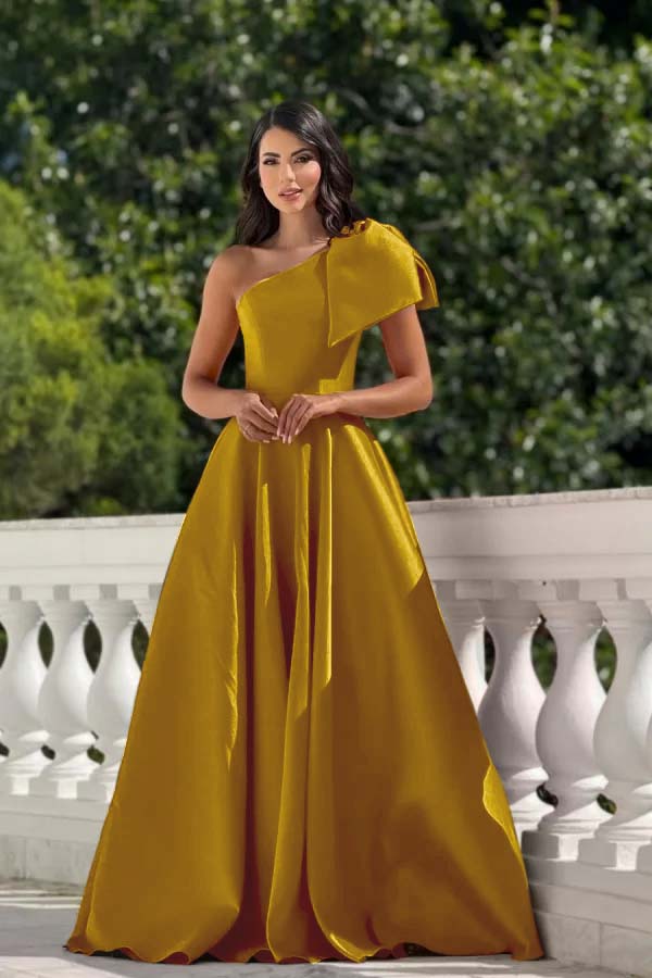 One Shoulder Sleeveless Long Formal Dress With Pleated Bowknot
