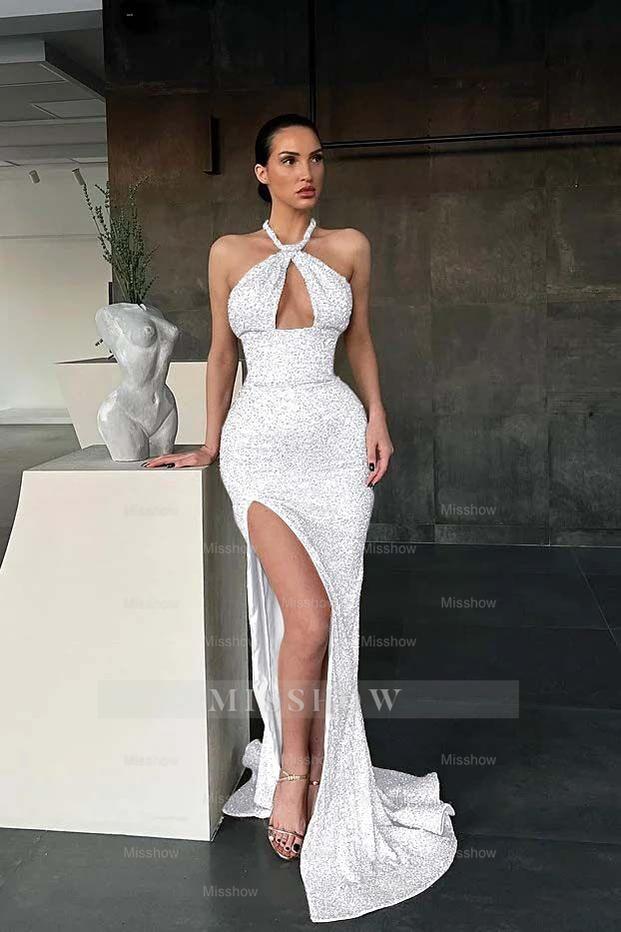 Halter Sleeveless Long Mermaid Formal Dress With Split Sequins