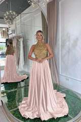 Elegant Sequins Formal Dress Gold Black Long Sleeveless Halter