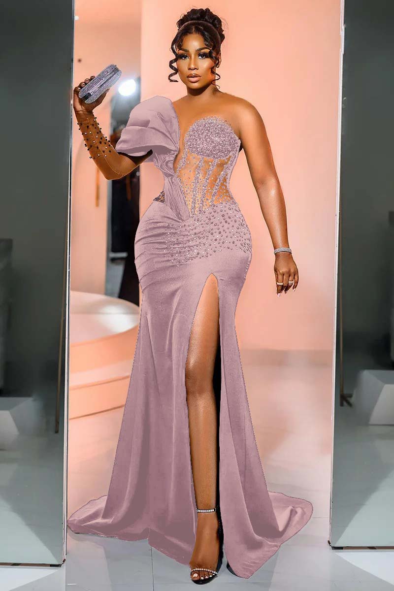 One Shoulder Long Sleeve Long Mermaid Formal Dress With Beading