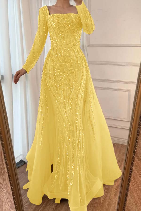 Square Neck Long Sleeves Long Mermaid Formal Dress With Beading Tulle