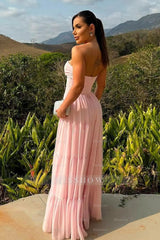 Chic Strapless Sleeveless Long Formal Dress With Pleated Ruffles