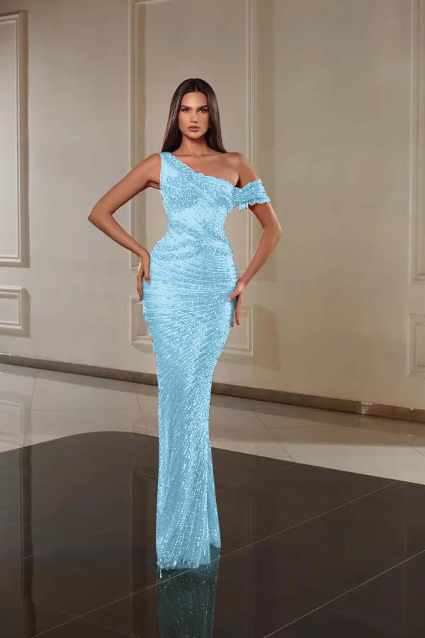 One Shoulder Sleeveless Long Mermaid Formal Dress With Beading