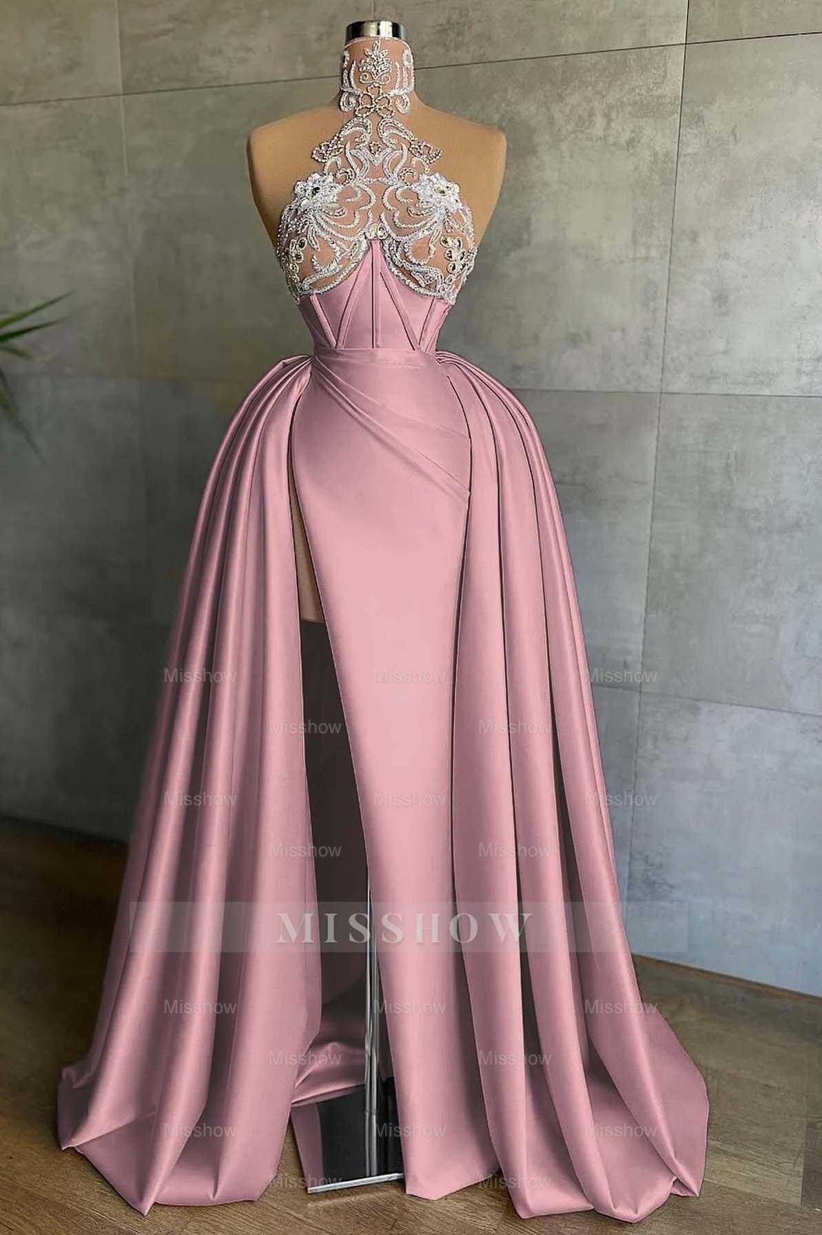 Halter Sleeveless Mermaid Split Long Formal Dress With Appliques