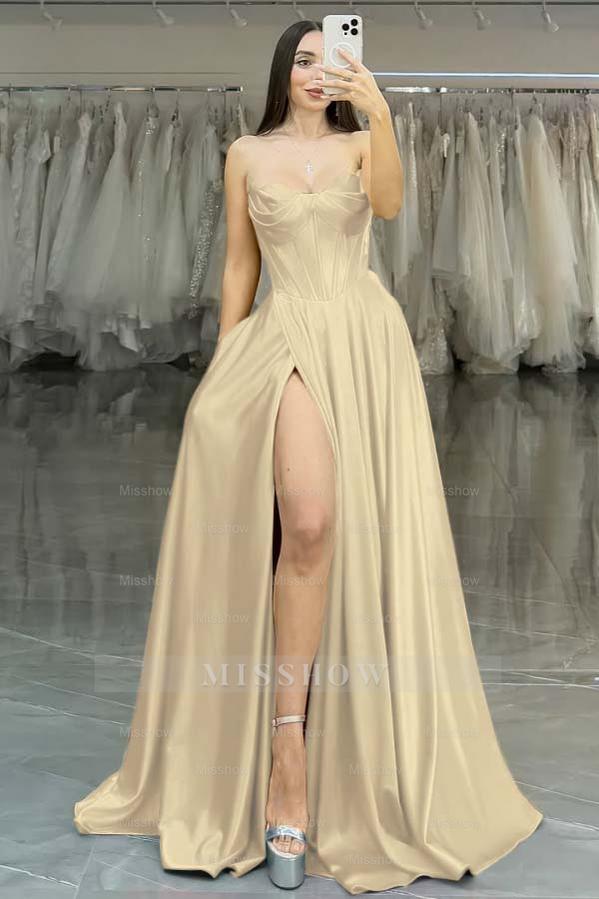 Strapless Sleeveless Long High Split Formal Dress With Pleated